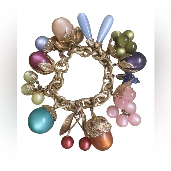Mint 1950s Napier Lucite Moonstone Fruit Charm Vintage Dangle Bracelet - Picture 1 of 15